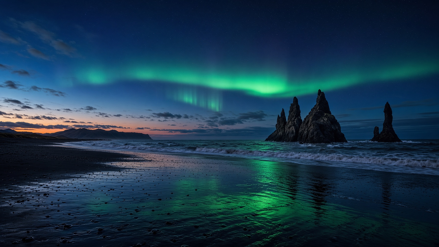 Black sand coast and aurora over Iceland